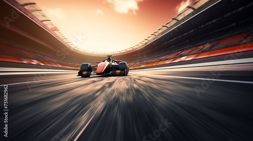 A race driver crosses the finish line against a motion blur race track background. Rendered in 3D.