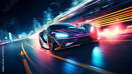 A futuristic sports car speeds along a neon-lit highway, with vibrant lights and trails illuminating the night track. Rendered in 3D. © Elchin Abilov