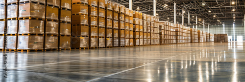 Large spacious warehouse with high racks and pallets with boxes. Cardboard boxes are packed in polyethylene stretch film. Forklift.