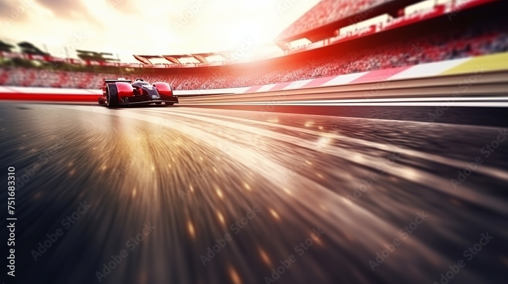 A race driver crosses the finish line against a motion blur race track background. Rendered in 3D.