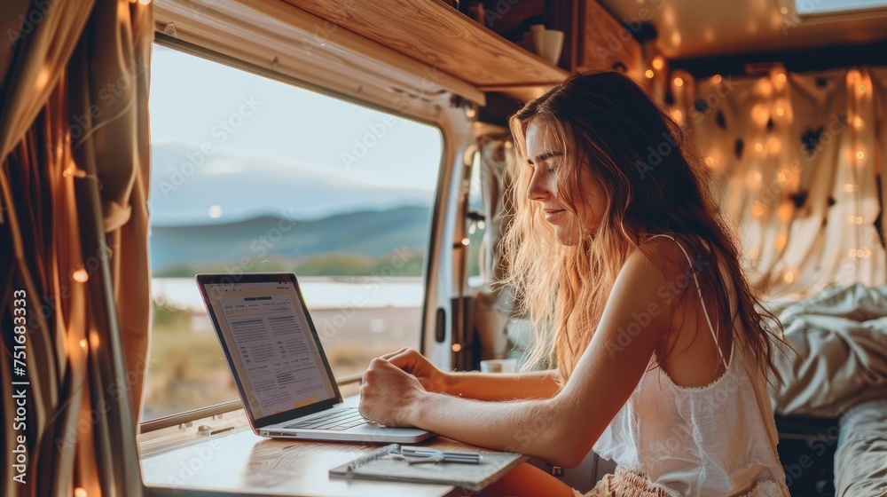 Young woman working outside with camper van. working on laptop at the beach and camping mountain. For banners, covers, backgrounds about work while traveling. Freelance work