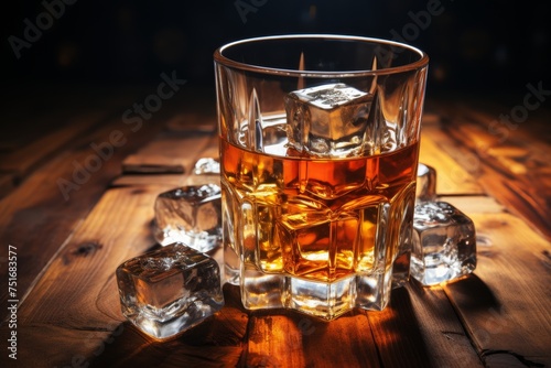 Whiskey and ice on rustic background with selective focus perfect for brandy or whiskey lovers