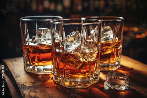 Whiskey and ice on rustic background with selective focus vintage whiskey or brandy drink concept