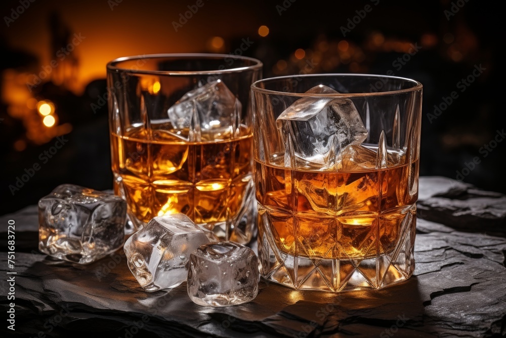 Whiskey on rustic background with ice, selective focus alcoholic beverage concept Whiskey on rustic background with ice, selective focus alcoholic beverage concept
