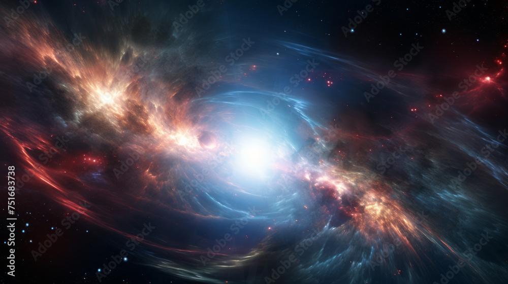 A vibrant display of celestial origin, where swirling nebula gases collide, creating a brilliant central star-forming region A vibrant display of celestial origin, where swirling nebula gases collide, creating a brilliant central star-forming region