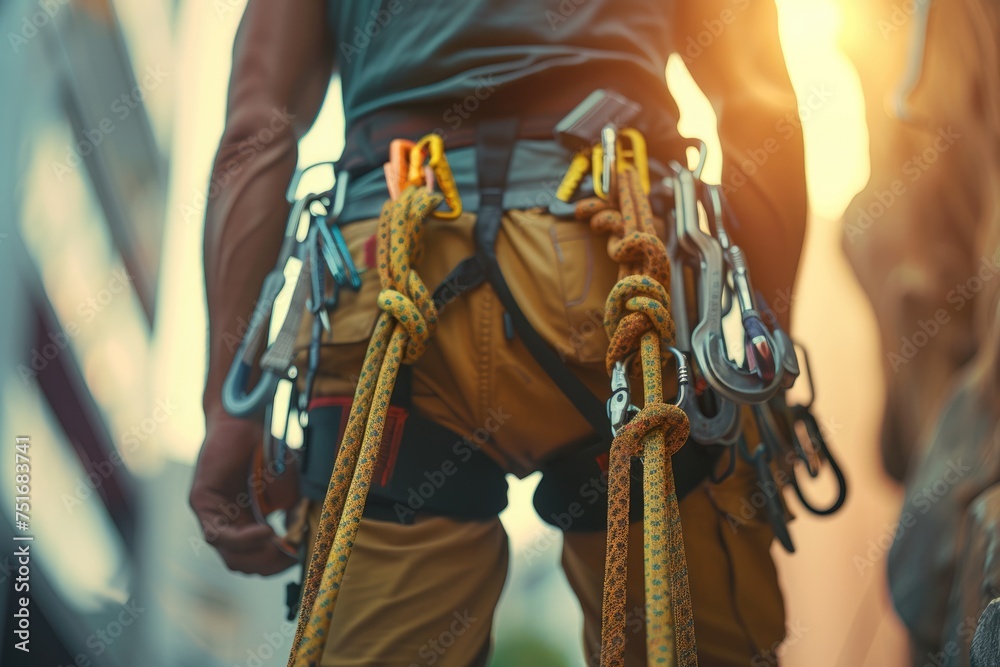 Ropes, and mountain hiking equipment on a man's belt, close up