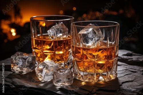 Whiskey on rustic background with ice, selective focus   alcoholic beverage concept © Наталья Бойко