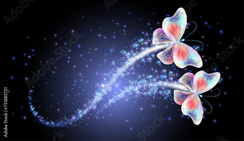 Magic butterflies with fantasy sparkle and blazing trail and glowing stars on night background