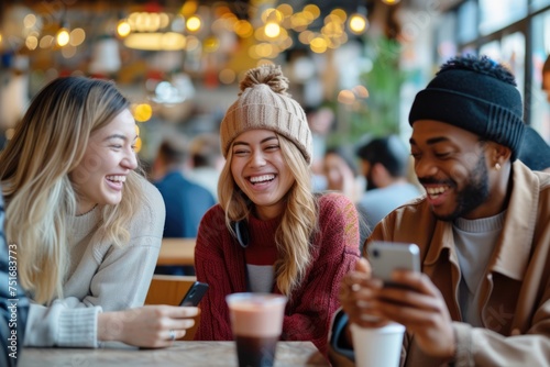 Friends laughing and sharing a moment in a cafe. Social interaction and enjoyment. Young modern people take a fun together and chatting at the coffee shop