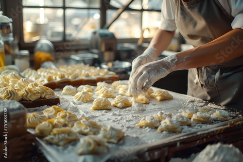 Chef preparing dumplings in a professional kitchen. Hand of chef close-up. Culinary arts and food preparation. Natural light streaming through large windows.