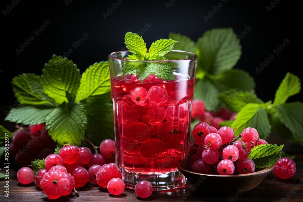 Fresh red currants and healthy smoothie in a glass on wooden table, organic berry drink concept Fresh red currants and healthy smoothie in a glass on wooden table, organic berry drink concept