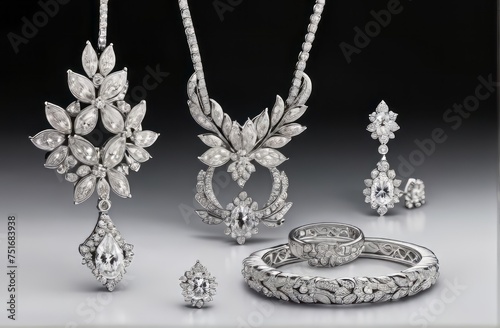 beautiful Elegant jewelry set of white gold necklace and earrings with diamonds. Silver jewellery set with gemstones. 