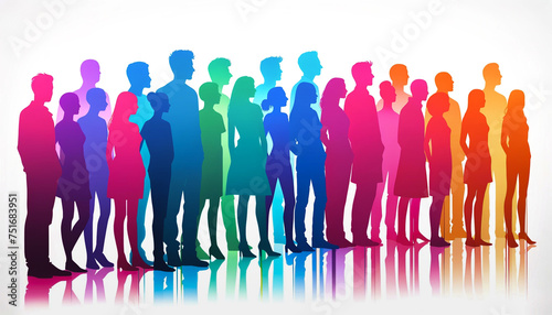 Group of People Standing in Front of White Background in a rainbow of colors, symbolizing diversity in the society