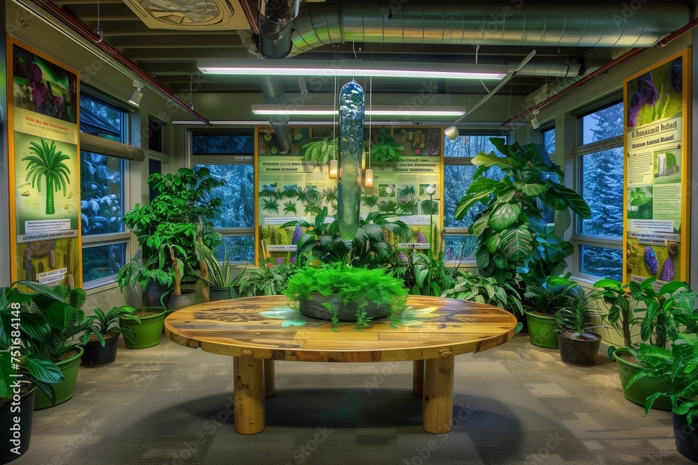 A spacious office meeting room designed with Earth Day in mind, featuring a large oval reclaimed wood table at the center. The room is adorned with lush green potted plants at every corner A spacious office meeting room designed with Earth Day in mind, featuring a large oval reclaimed wood table at the center. The room is adorned with lush green potted plants at every corner