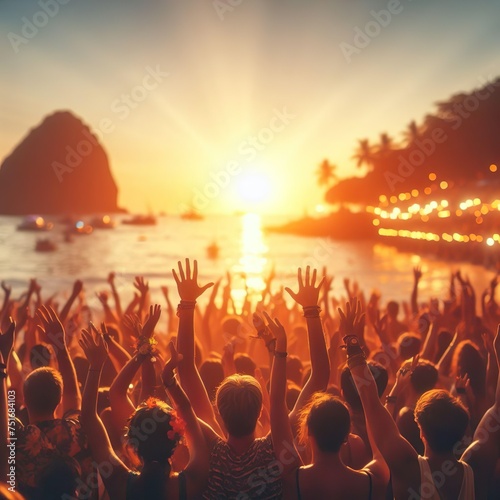 Cheering crowd with hands in air at music festival. Party beach. Blurred people having night beach party in summer vacation. Bokeh People have fun at sunset on a beach.