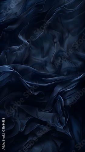 Dark blue silk flowing at night in the style of dusty piles and gothic dark and moody The background is an ethereal black fabric in the style of dark navy and the silk is draped on a dark background f