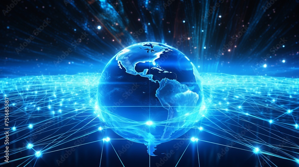 Abstract 3D graphics illustrating the technological globalization of Earth, emphasizing artificial intelligence transmission through fiber optic cables. Abstract 3D graphics illustrating the technological globalization of Earth, emphasizing artificial intelligence transmission through fiber optic cables.