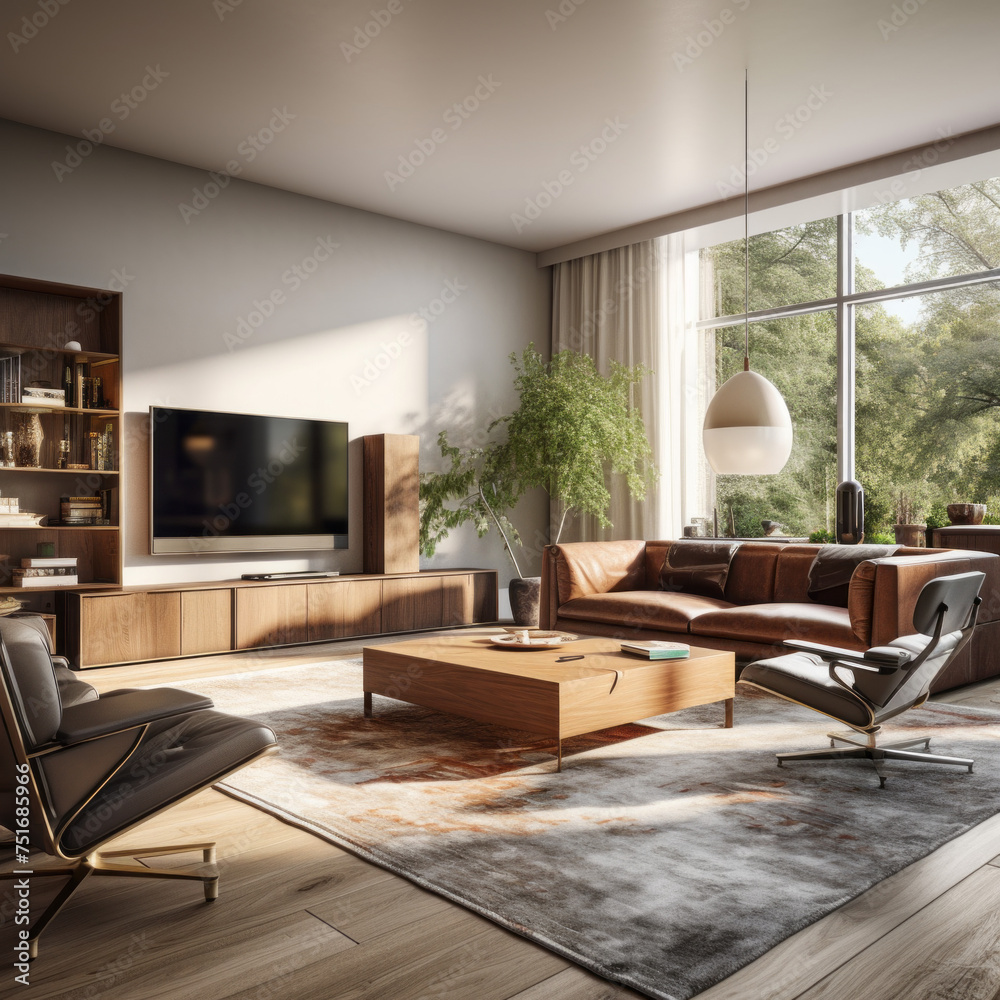 Fototapeta premium A stylish living room with plenty of seating, a large TV, and a variety of storage solutions for maximum functionality