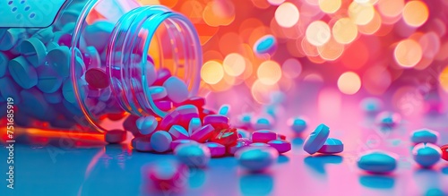White color pills scattered on the table, close-up. Many pills in capsule form on the table. The pills spilled out of the bottle. copy space. AI generated illustration