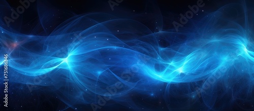 A computer-generated 3D render displaying a blue abstract background with glowing plasma yarn resembling spacetime dark matter and energy against a black backdrop.