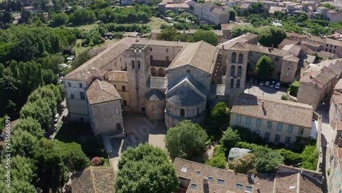 Drone shot of the ABBEY OF CAUNES-MINERVOIS in the south of France. French old architecture. photo