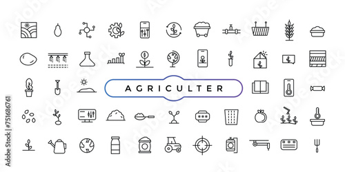 Agriculture and Farming Line Icons. Contains such Icons Harvester trucks, tractors, farmers and village farm buildings. Outline icon collection.