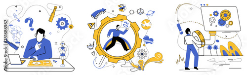Corporate vision vector illustration. Development is sweet melody played by orchestra professional growth and exploration Aspiration is key unlocking doors to treasure trove corporate vision