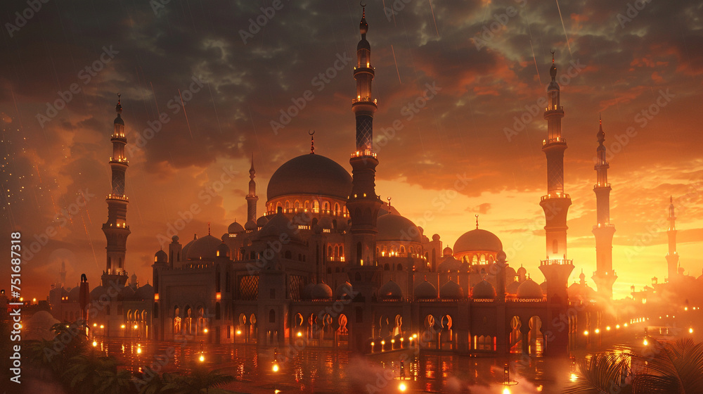 Obraz premium A majestic mosque illuminated by the soft glow of lanterns, echoing the joyous spirit of Eid al-Fitr.