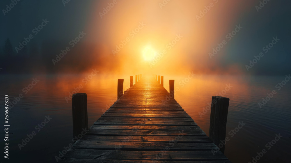 On a misty morning, a wooden jetty extends out into the calm waters of the sea.