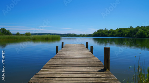 On a bright sunny day, a wooden pier or jetty stretches out into the water, offering a picturesque view.