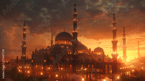 A majestic mosque illuminated by the soft glow of lanterns, echoing the joyous spirit of Eid al-Fitr. photo