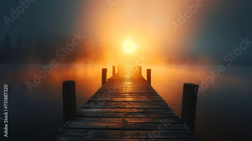 On a misty morning, a wooden jetty extends out into the calm waters of the sea. © serperm73