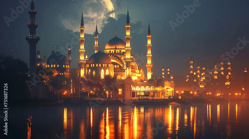 A majestic mosque illuminated by the soft glow of lanterns, echoing the joyous spirit of Eid al-Fitr.