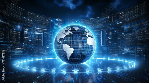 Background featuring artificial intelligence with a globe and digital rays, created using computer-generated imagery.