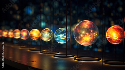 Perfectly arranged spheres glow on metallic stands creating a rhythm of light and shadow