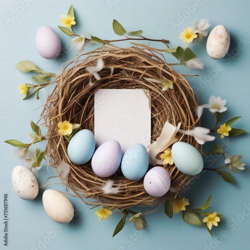 Easter eggs scattered on a pastel light blue background, nest with easter eggs, easter greeting card. Top view