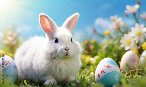 A white rabbit sitting in the grass with eggs. Concept Easter egg
