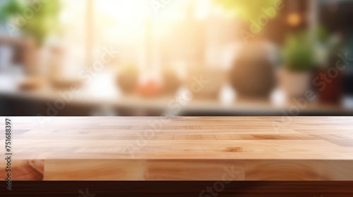 The soft glow of morning light spills across a smooth wooden kitchen counter creating an inviting and warm atmosphere in a cozy kitchen space © Paworn