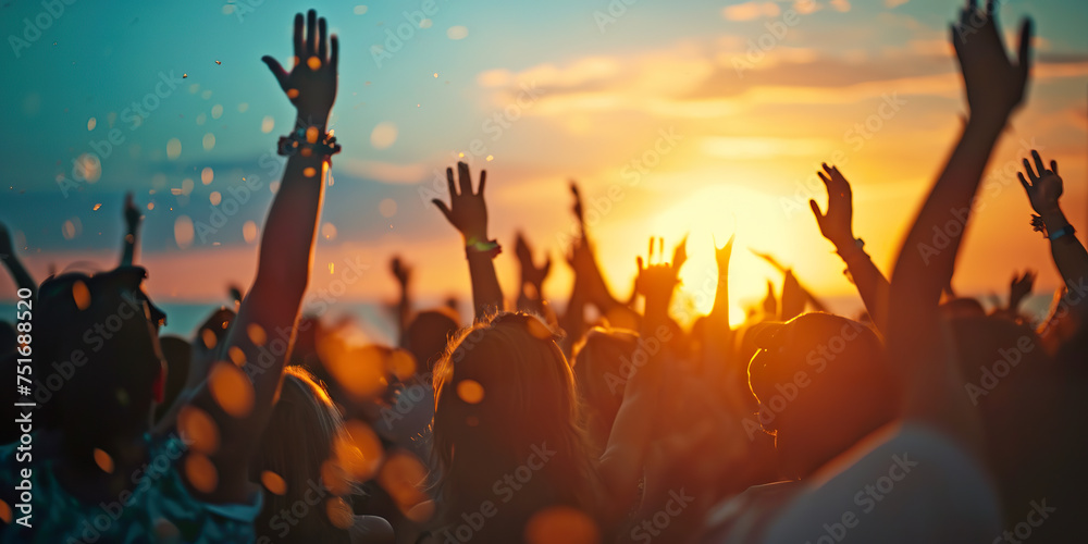 Cheering crowd with hands in air at music festival beach Cheering crowd with hands in air at music festival beach