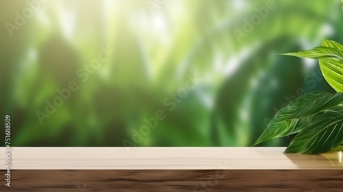 Sunlight streams through lush green foliage illuminating a polished wooden surface in a serene  natural setting.