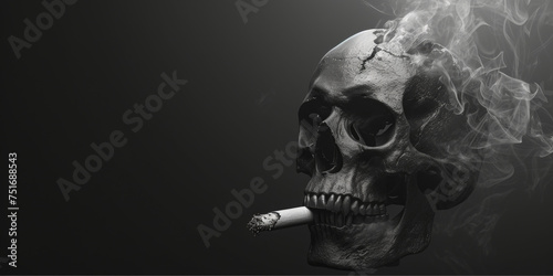 Cigarettes intertwined with the contours of a human skull, with wisps of smoke curling around. The skull itself appears to partake in the act of smoking, embodying the dire consequences of tobacco. photo