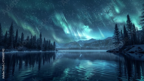 Serene northern lights over tranquil forest lake. Ethereal aurora borealis lighting up night sky in wilderness. Mystic night landscape with vivid auroras reflected in water.