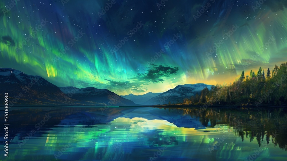 Breathtaking aurora display over mountain lake. Colorful northern lights dancing above peaceful waterscape. Vibrant night spectacle of auroras in wild natural setting.