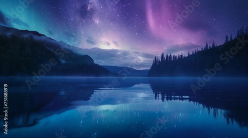 Magical purple aurora over calm mountain lake. Celestial lights mingle with starry night above serene waters. Tranquil landscape under cosmos' luminous spectacle. © Irina.Pl