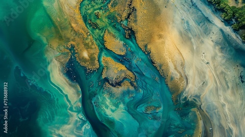Serene water patterns from above. Abstract nature aerial photography. Golden flecks in blue waterways from an aerial perspective.