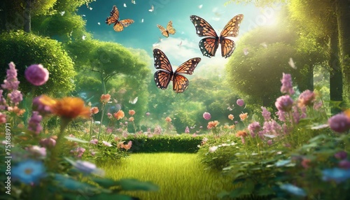  3D render de um jardim com borboletas e espaço para uma mensagem  photo