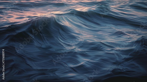 Tranquil ocean waves at twilight. Mesmerizing water patterns with reflective sunset hues. Calming seascape with rhythmic textures and dusk's ambient light.