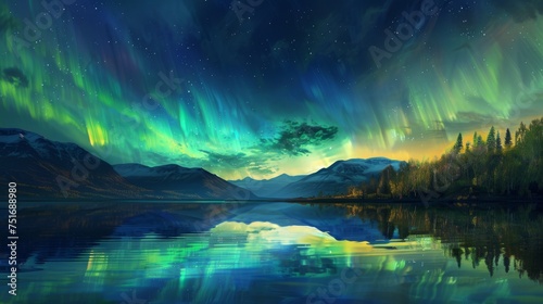 Breathtaking aurora display over mountain lake. Colorful northern lights dancing above peaceful waterscape. Vibrant night spectacle of auroras in wild natural setting.