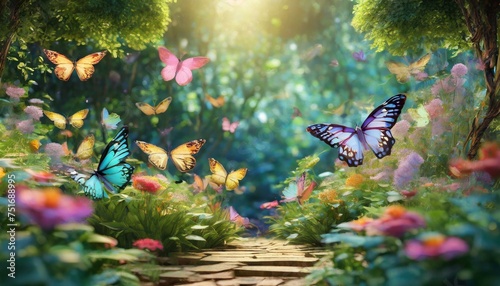  3D render de um jardim com borboletas e espaço para uma mensagem  photo
