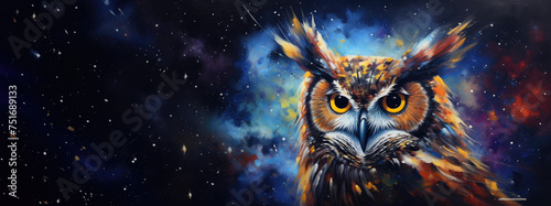 Majestic and wisdom owl on cosmic background with space, stars, nebulae, vibrant colors, flames; digital art in fantasy style, featuring astronomy elements, celestial themes, interstellar ambiance photo
